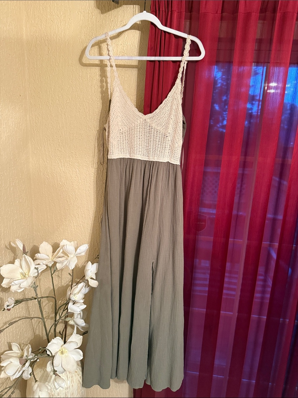Fashion Nova Cream Crochet Bodice Olive Maxi Dress M/L Open back